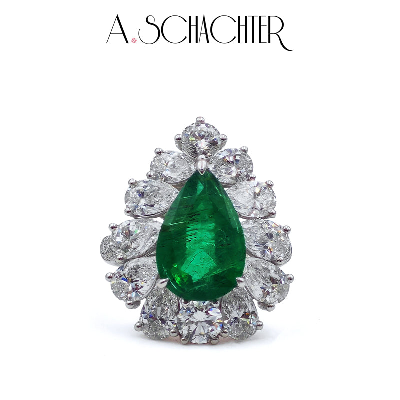 Emerald Radiance Cluster Ring (Natural Emerald 4.09 ct. Pear cut)
