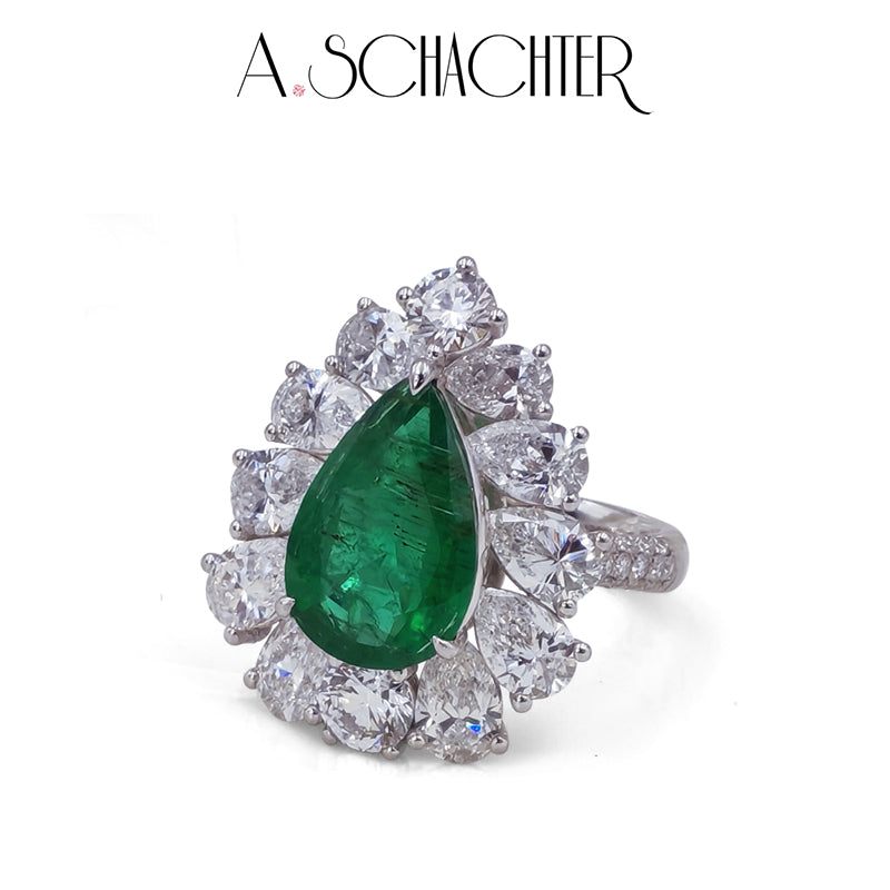 Emerald Radiance Cluster Ring (Natural Emerald 4.09 ct. Pear cut)